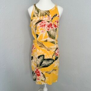 Guess Los Angeles Yellow Floral Hawaiian Print Sleeveless Mini Cutout Dress SZ M